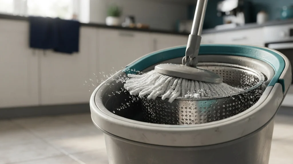 Create a premium, photorealistic editorial image in a realistic home utility area showing a person maintaining a centrifugal spin mop after cleaning. The scene should feature a freshly rinsed microfiber mop head detached from its base and hanging or resting in a ventilated drying area, with the empty spin mop bucket nearby and the perforated wringer basket visible. Include a clean, dry cloth beside the bucket and show the person inspecting the pedal or handle connection for obvious damage. The person should have a natural, relaxed posture and wear ordinary practical home clothing. Make the mop fibers visibly clean but textured, with a few residual droplets and natural variations in the strands. Show the bucket's inner surface, basket openings, and mechanical joints clearly without exaggerating technical details. Use soft side window light, gentle shadows, realistic surfaces, subtle water marks, and the understated appearance of a genuinely used home cleaning setup. Keep the overall palette neutral, with deep navy blue, white, and muted teal accents. The mood is calm, attentive, professional, and practical. Compose the bucket and mop on one side with the drying area visible behind them. Use an eye-level three-quarter camera angle, shallow depth of field, soft natural bokeh, premium DSLR photography, 85mm lens, f/1.8 aperture look, realistic material textures, and a non-staged lived-in atmosphere. No text overlay, no captions, no words, and no lettering anywhere in the image.
Close-up of a spin mop basket expelling water from rotating microfiber strands.