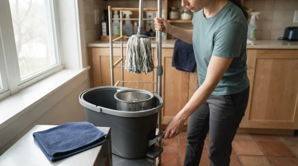 Clean microfiber spin mop head drying beside an empty bucket during routine wringer maintenance.