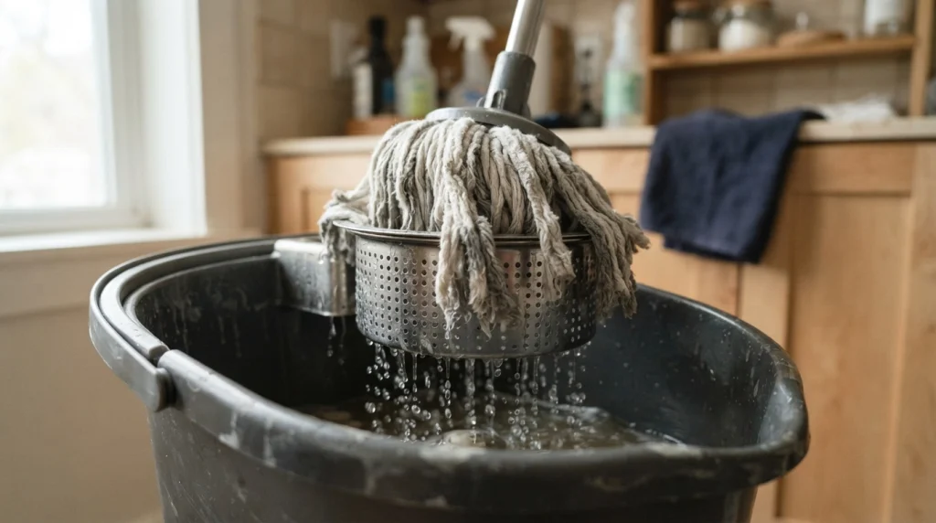 Close-up of centrifugal wringing as water escapes a microfiber mop head through a perforated basket.