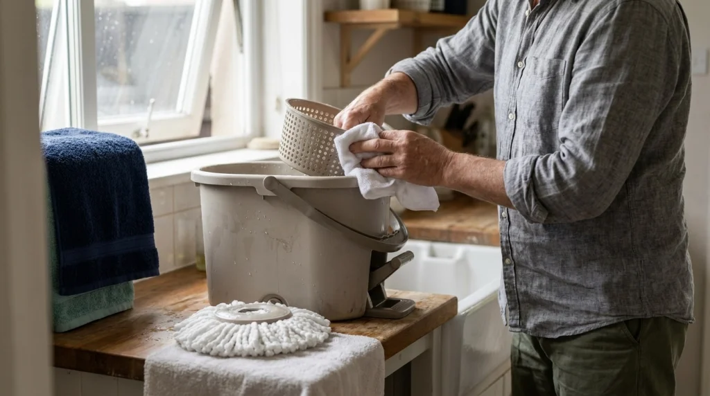 A home cleaner wipes a spin mop wringer basket while the empty bucket and microfiber refill air-dry.