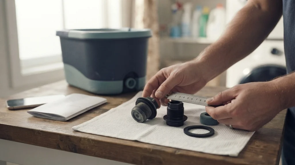 Measuring a spin mop bucket drain plug beside a gasket and replacement cap.