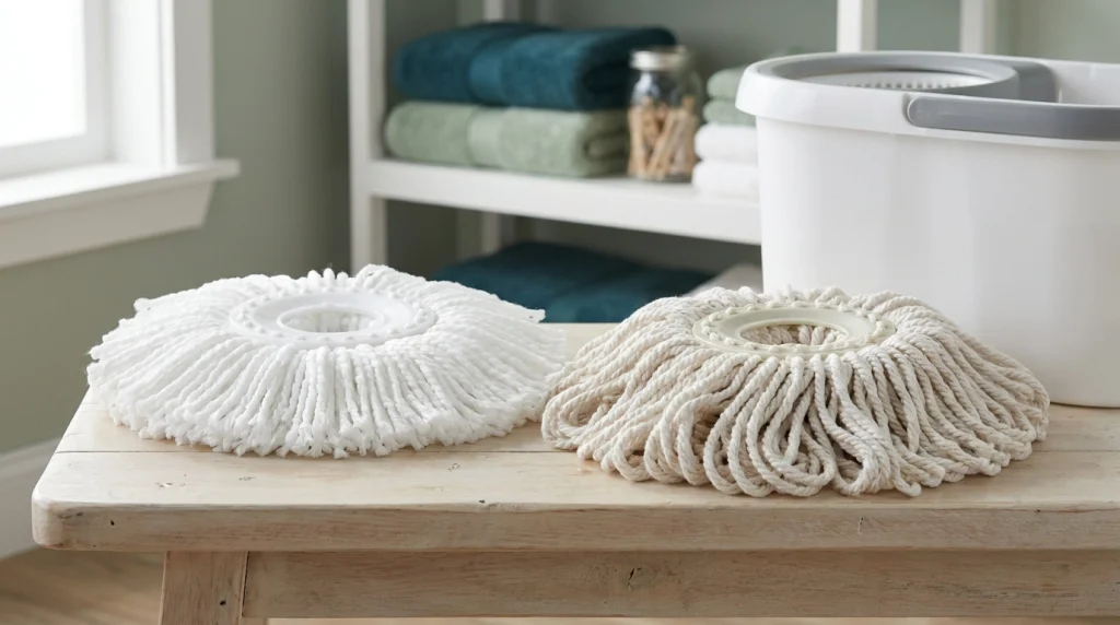 Close-up of microfiber and cotton spin mop heads showing fine synthetic fibers and thick natural cotton loops.