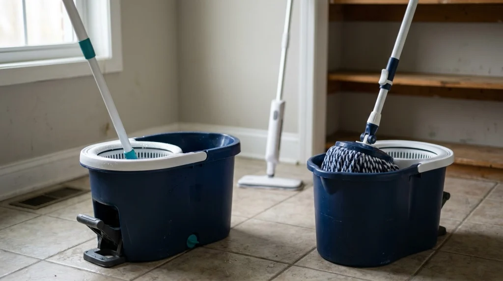 Push-handle and foot-pedal spin mop mechanisms beside their wringer buckets.