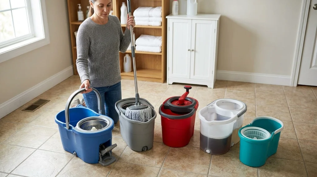 Five types of manual spin mops displayed in a laundry room, including pedal, push-handle, and dual-compartment designs.