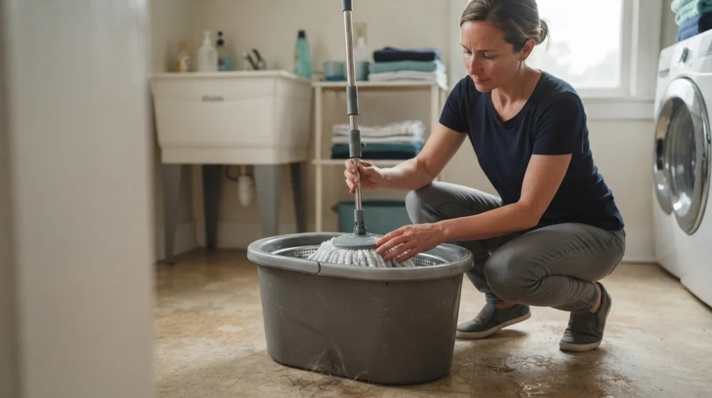 Home cleaner inspecting the handle lock and wringer basket on a spin mop bucket.