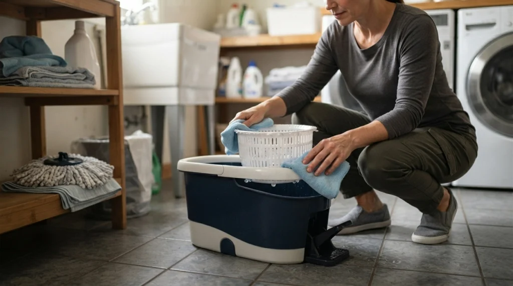 Home cleaner wiping a stationary spin mop bucket during routine foot pedal wringer maintenance.