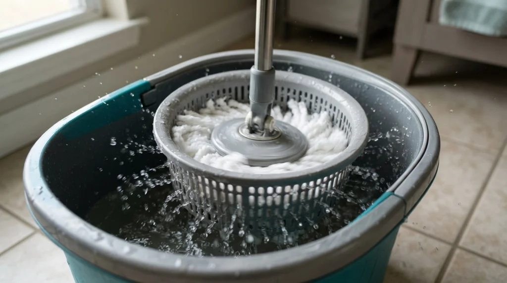 Spin mop bucket, handle, perforated basket, microfiber head, and wringer connector.