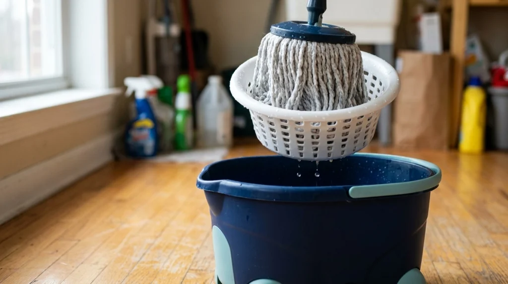Damp microfiber spin mop in a wringer basket after excess water removal.