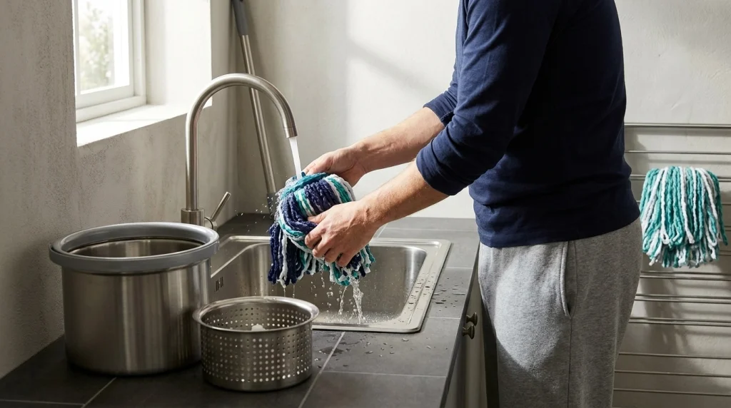 Person rinsing a microfiber spin mop head beside a bucket and drying rack.