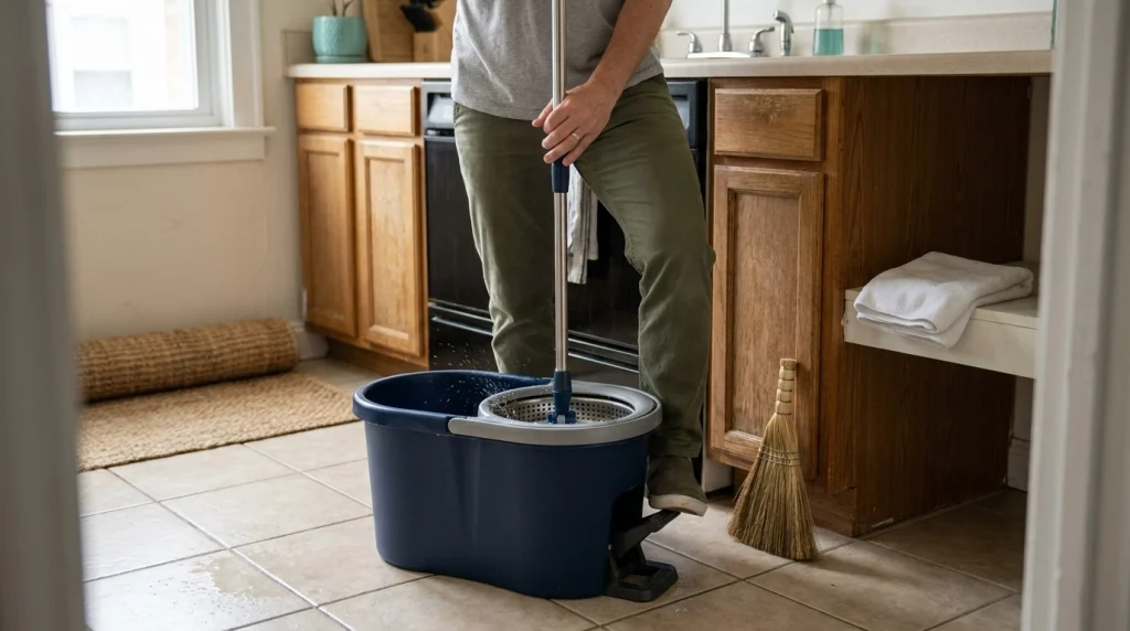Homeowner using a foot-pedal rotary spin mop bucket to wring a microfiber head before damp-mopping tile.