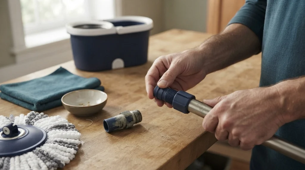 Hands fitting a replacement spin mop connector beside a damaged fitting and microfiber mop head.