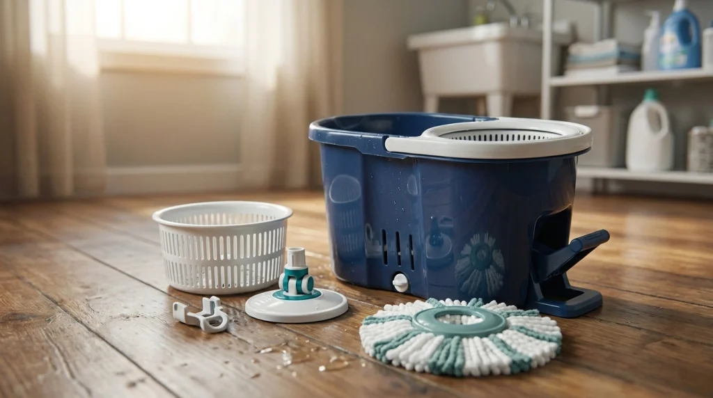 Spin mop basket parts including the perforated wringer, center fitting, pedal, and mounting components.