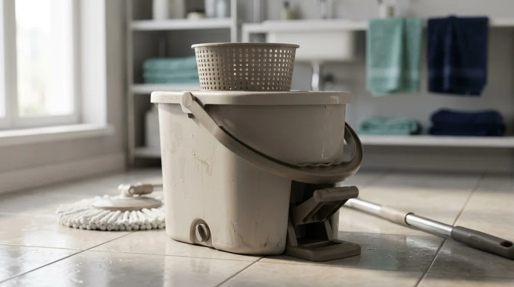 Spin mop bucket parts with a perforated wringer basket, pedal, carry handle, and separate microfiber mop head.