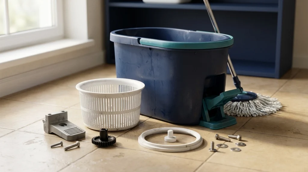 Spin mop wringer parts arranged beside a bucket, including the basket, pedal, support, and drive components.