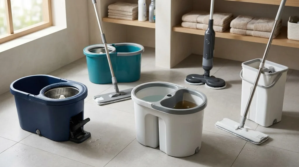 Five rotary spin mop types arranged in a utility room, showing different bucket mechanisms and cleaning heads.
