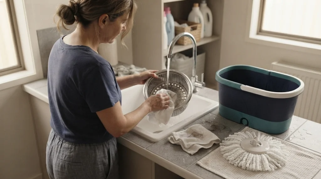 Home cleaner rinsing a spin mop basket and inspecting its spindle during maintenance.