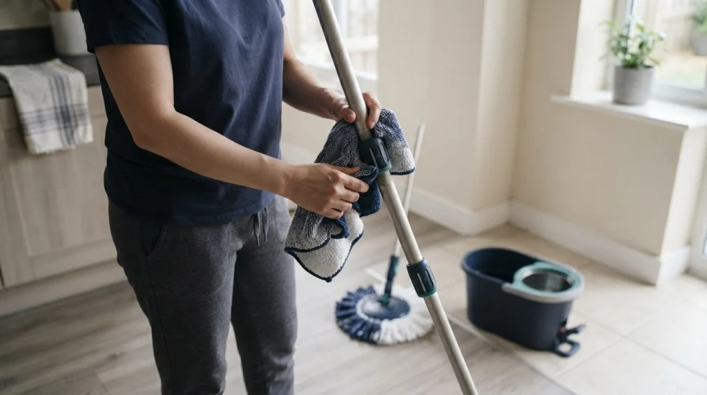 Person wiping a spin mop handle lock collar before cleaning different household floor surfaces.