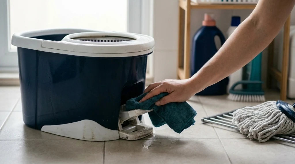 Person cleaning spin mop pedal parts with a microfiber cloth after emptying the bucket.