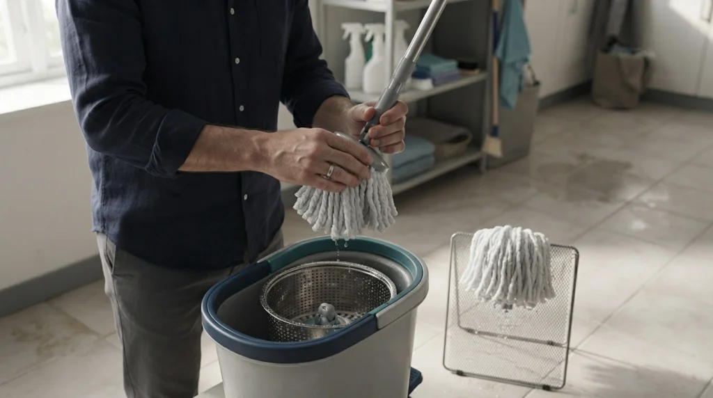 Home cleaner washing a spin mop head and drying it beside a rinsed bucket.