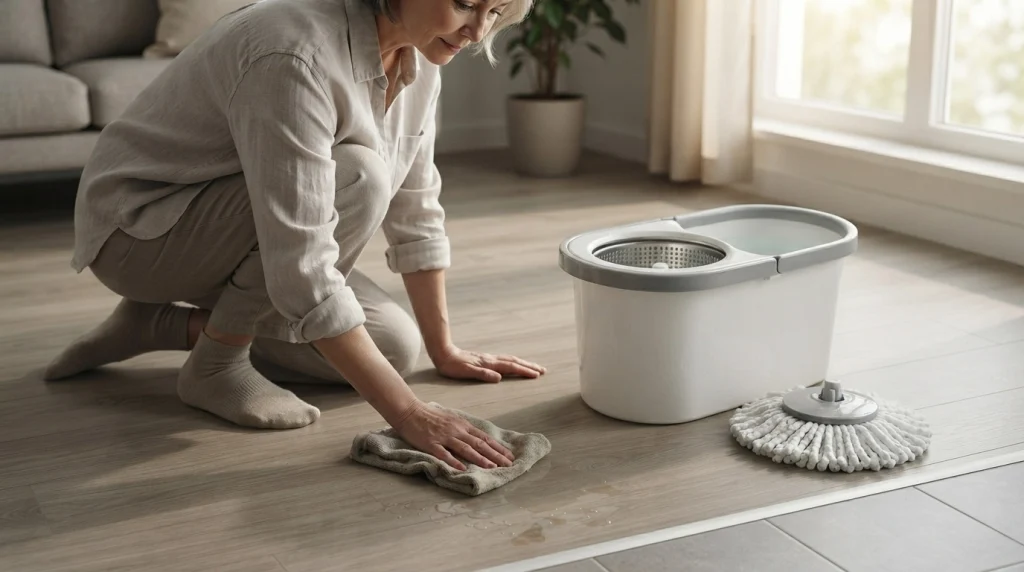 Homeowner wiping a floor spill beside a spin mop bucket with its splash guard fitted.