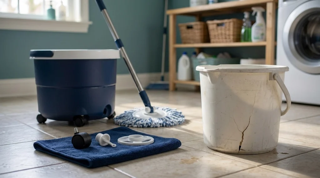 Intact spin mop with replacement components beside a cracked bucket base awaiting replacement.