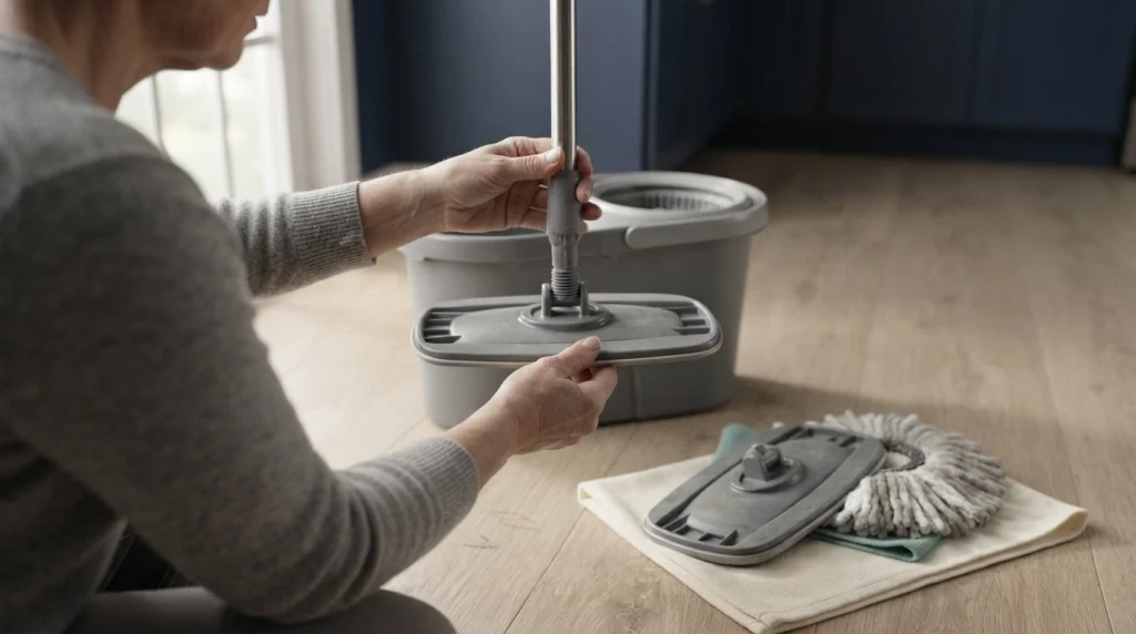 Homeowner aligning a replacement spin mop head attachment with the handle connector.