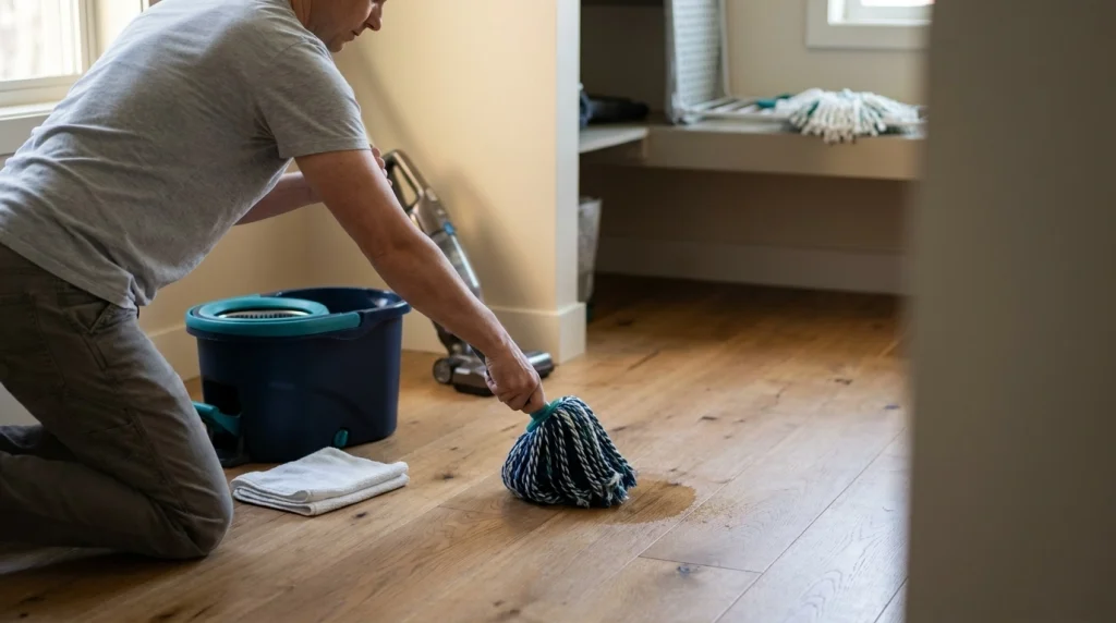 Person testing a lightly damp spin mop on a small floor section with a dry cloth and cleaning bucket nearby.