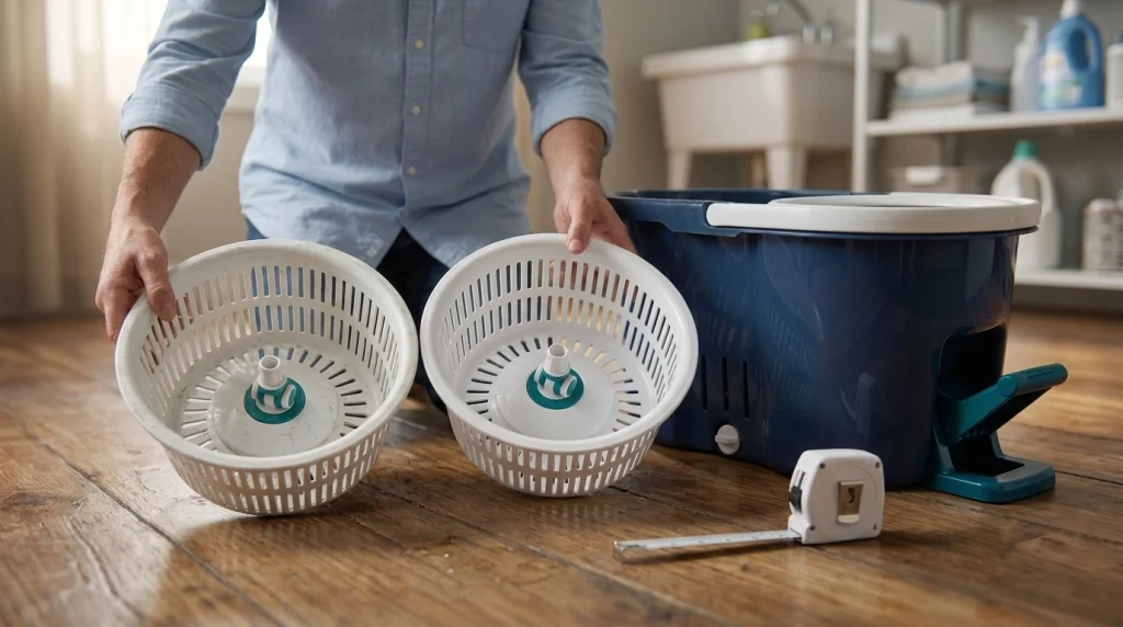 Homeowner comparing spin mop basket replacements, center fittings, mounting tabs, and dimensions.