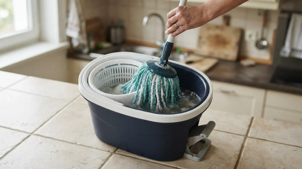 Close-up of spin mop carry handle parts, including the grip, pivot joints, and mounting brackets.