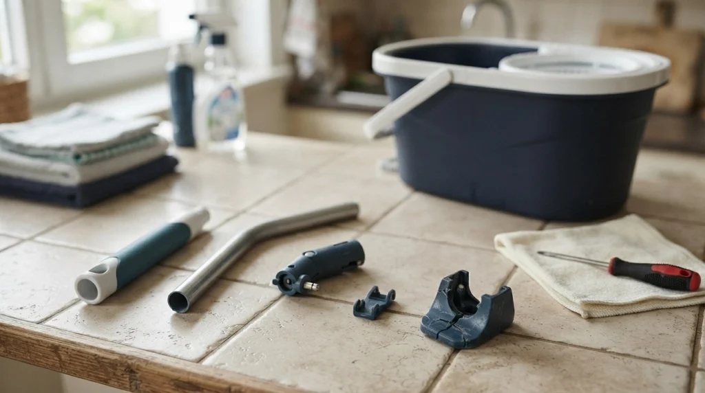 Spin mop carry handle parts arranged for inspection, including a grip, pivot pin, and damaged bracket.