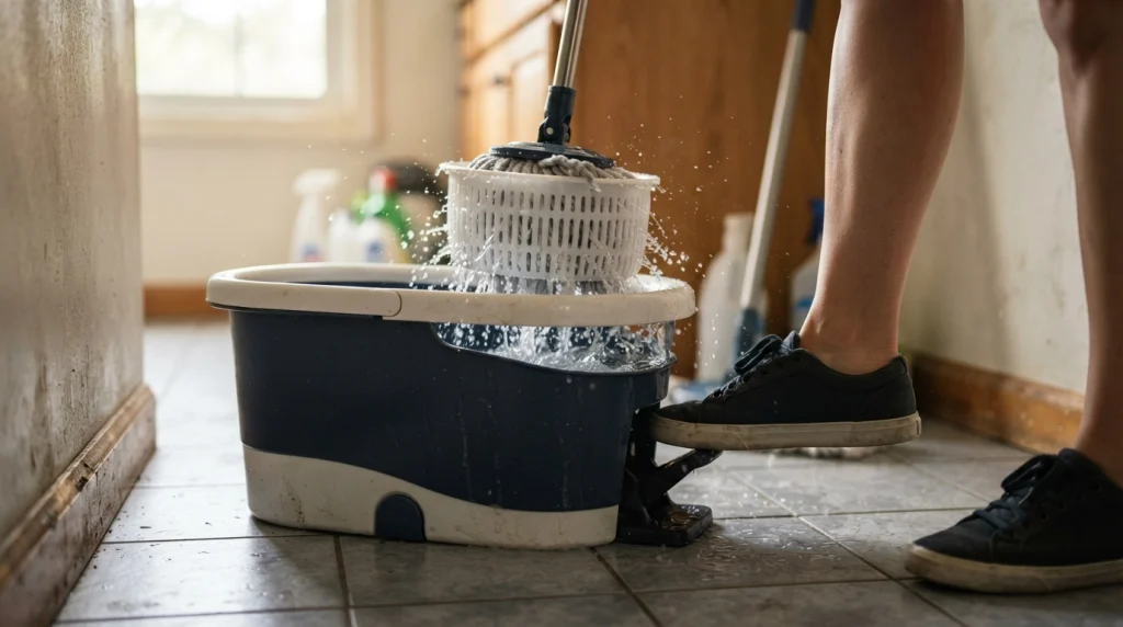 Spin mop foot pedal mechanism rotating a perforated basket to remove water from microfiber strands.