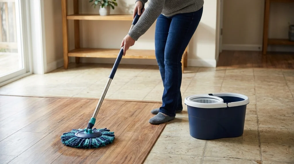 Adult using a secure spin mop handle and damp microfiber head on a clean home floor.