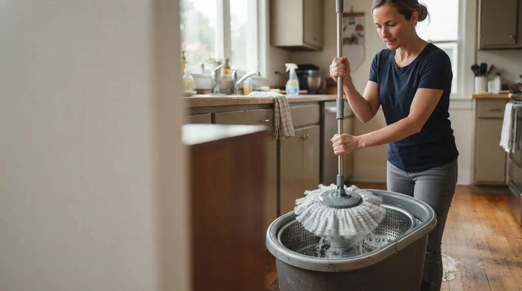 Spin mop head centered in a bucket wringer during the drying process.