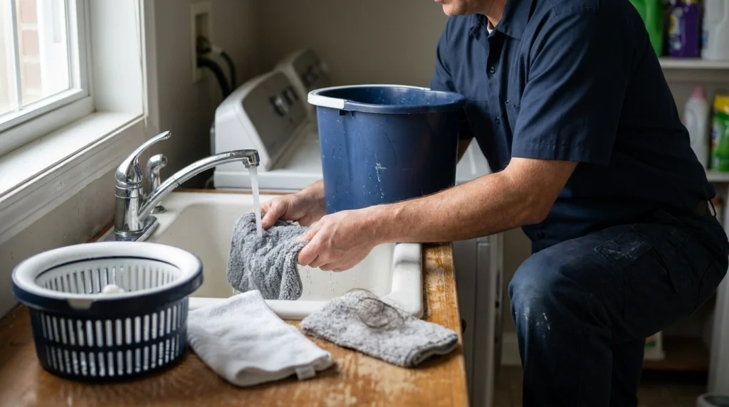 Home cleaner rinsing a microfiber spin mop head while maintaining the bucket and wringer.
