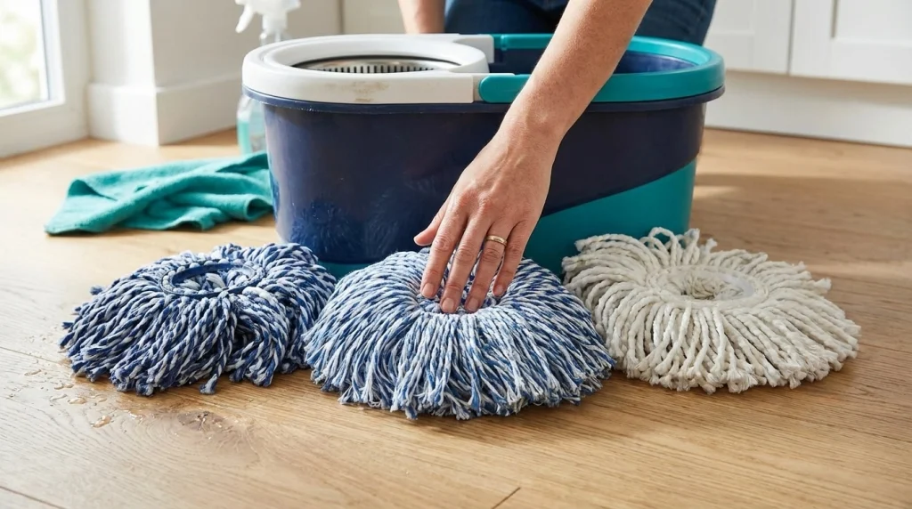 Three microfiber mop heads illustrating wet, properly damp, and dry conditions for spin mop moisture control.