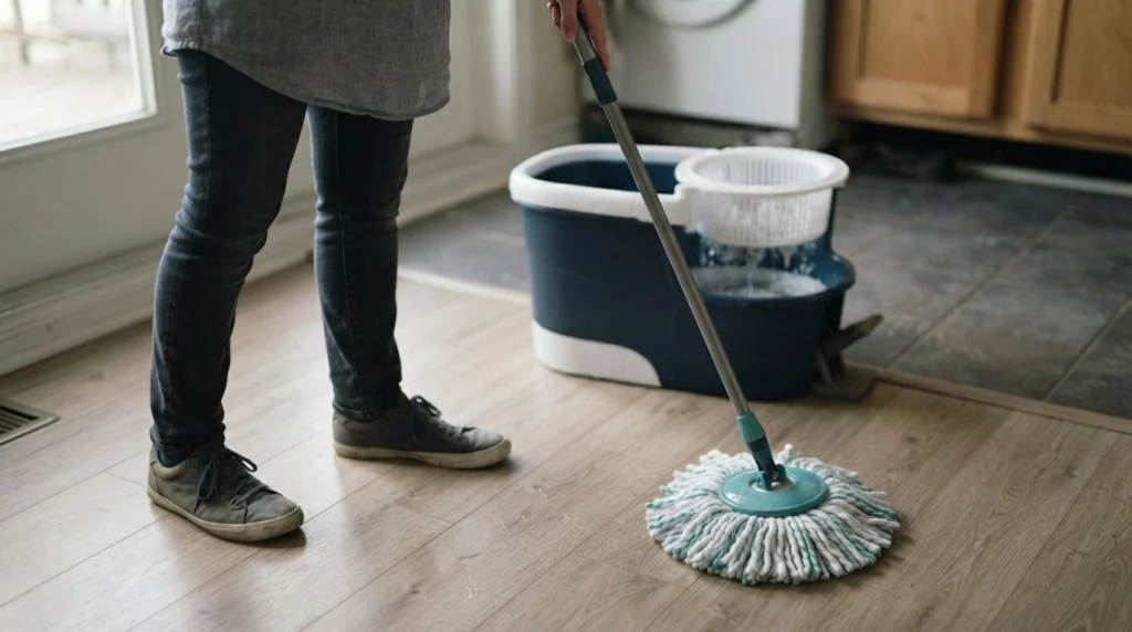 Lightly damp spin mop cleaning a laminate floor without leaving standing water