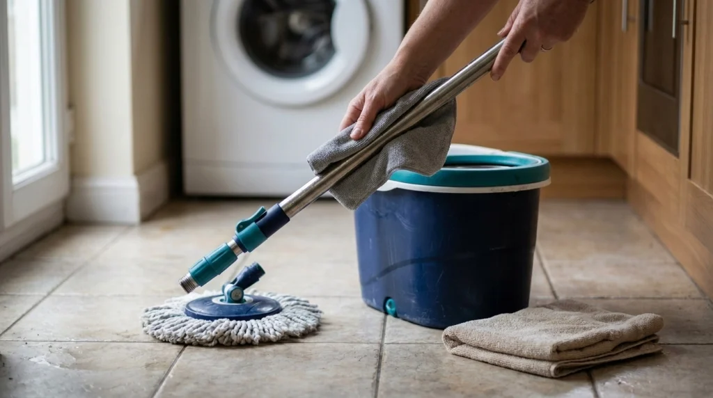 Hands wiping spin mop pole parts with a soft cloth while inspecting the handle joints and locking collar.