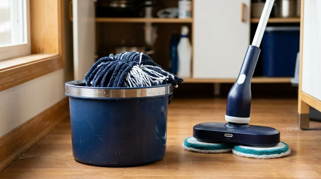 Manual spin mop bucket and electric rotating mop head compared in a home cleaning area.