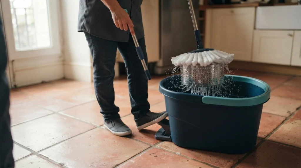 Person using a foot-pedal spin mop to remove water from a microfiber head.