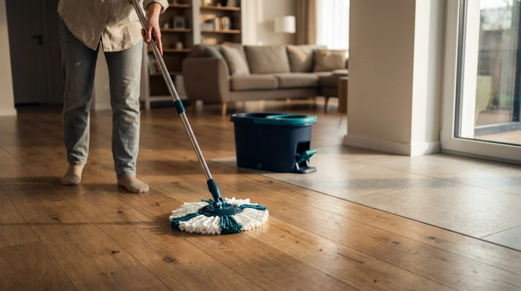 Person using a well-wrung microfiber spin mop on a hard floor with realistic wood and tile textures.
