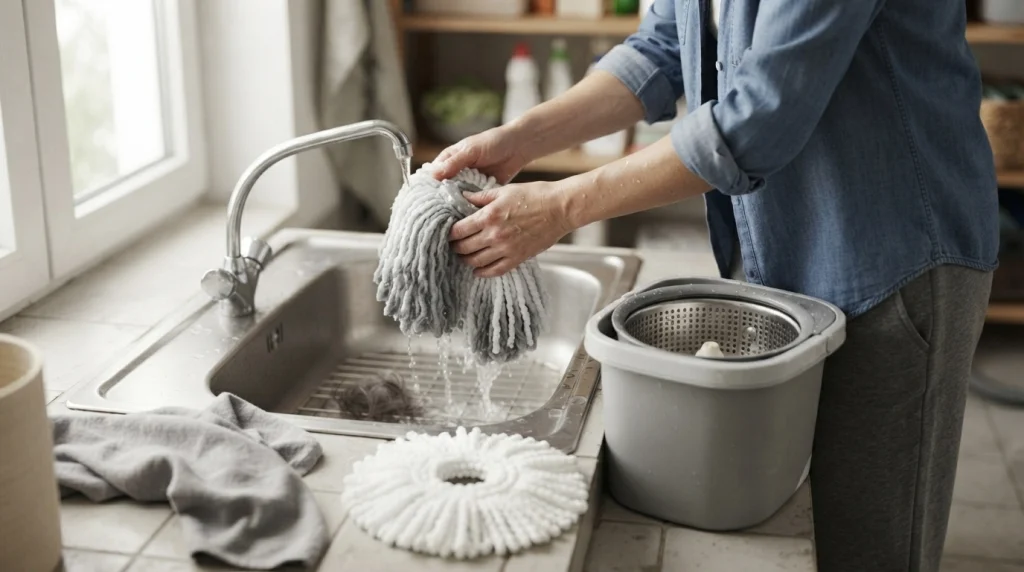 Home cleaner rinsing a spin mop microfiber head and maintaining the bucket wringer.