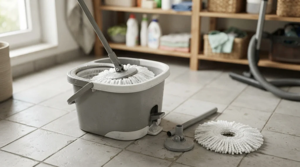Close-up of a spin mop wringer separating water from rotating microfiber strands.