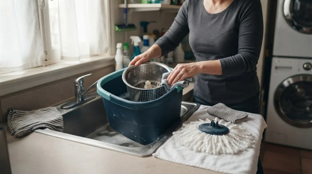 Spin mop bucket and perforated wringer being cleaned beside a microfiber mop head left to dry.