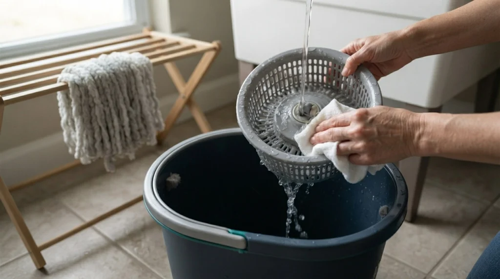 Hands rinsing a spin mop wringer basket beside a cleaned bucket and drying microfiber mop head.