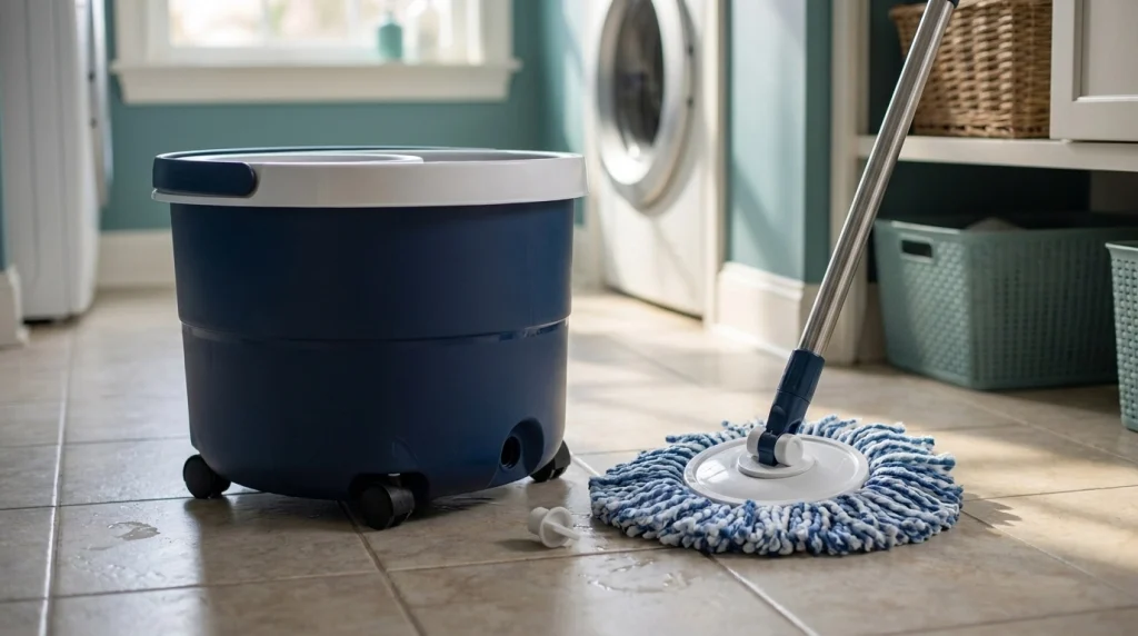 Spin mop bucket base and separate mop-head connector displayed on a tiled utility-room floor