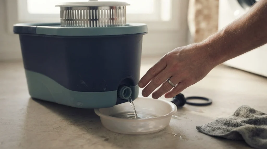 Close-up of a spin mop bucket drain outlet beneath the wringer basket.