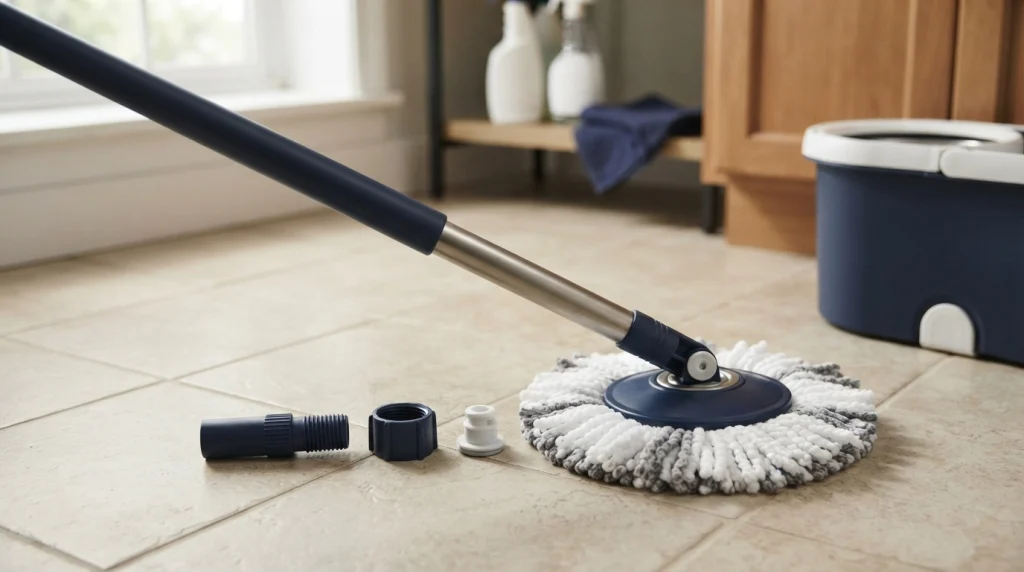 Close-up of spin mop connector parts arranged beside a handle and microfiber mop head.