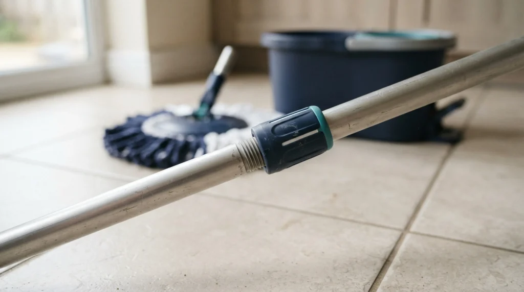 Close-up of spin mop handle lock parts where two adjustable pole sections meet.