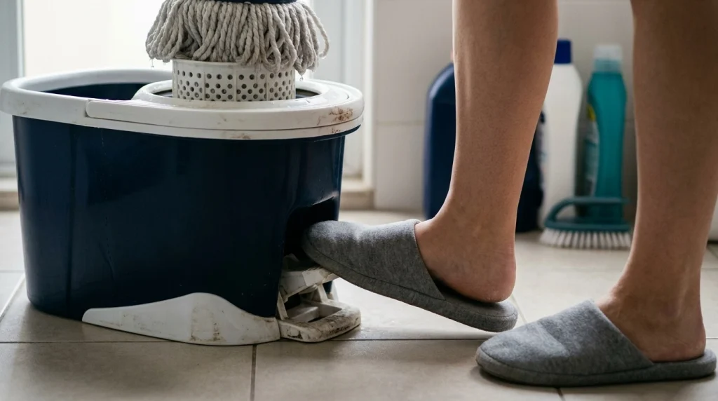 Close-up of spin mop pedal parts beneath a bucket with a microfiber mop head in its wringer.