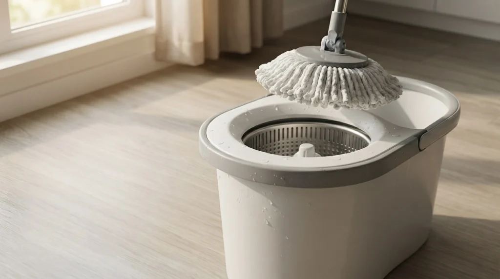 Spin mop splash guard surrounding the wringer basket inside a household cleaning bucket.